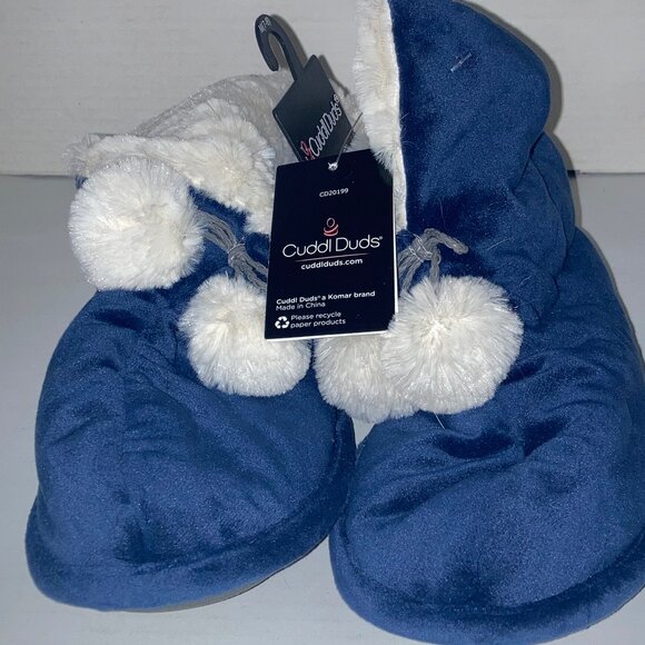 Cuddl Duds Slippers Teddy Cuff Pom Non Slip Slippers Cozy Navy Women’s 7 / 8 - Picture 1 of 8